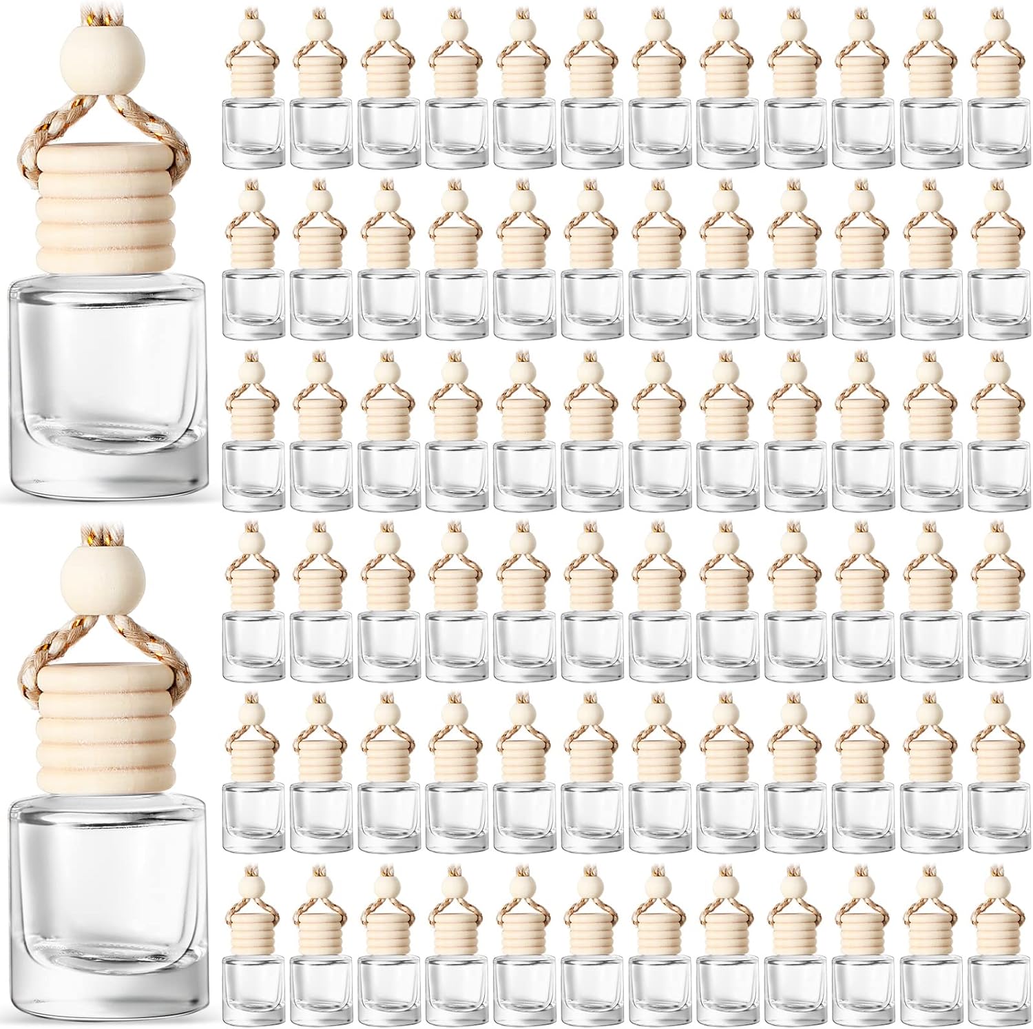 BBTO 100 Pcs Car Air Fresheners Diffuser with Wooden Empty Aromatherapy Diffuser Clear Fragrance Holder Pendant Hanging Perfume Fresheners Bottles for Car Decor(Clear Classic)